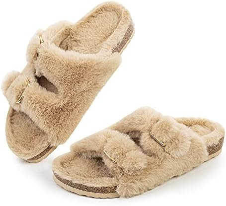 FITORY Womens Open Toe Slipper with Cozy Lining,Faux Rabbit Fur Cork Slide Sandals Size 6-11 | Amazon (US)