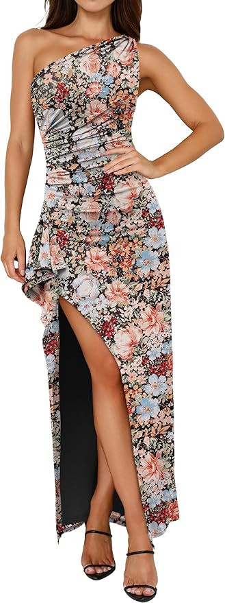 Prinbara Womens One Shoulder Floral Bodycon Maxi Dress Summer Formal Dress | Amazon (US)
