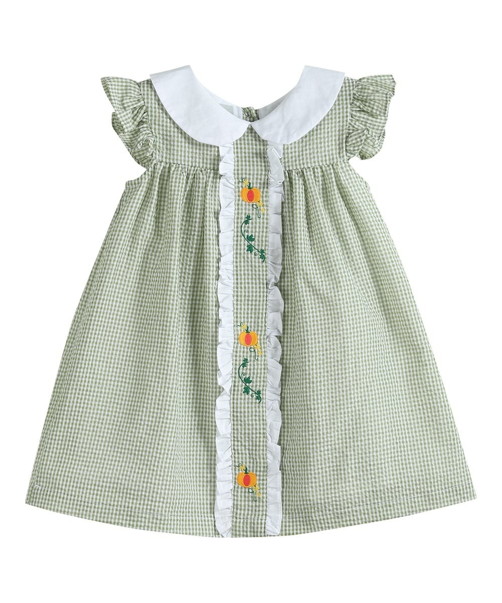 Green Gingham Pumpkin Peter Pan Collar Angel-Sleeve Dress - Infant, Toddler & Girls | Zulily