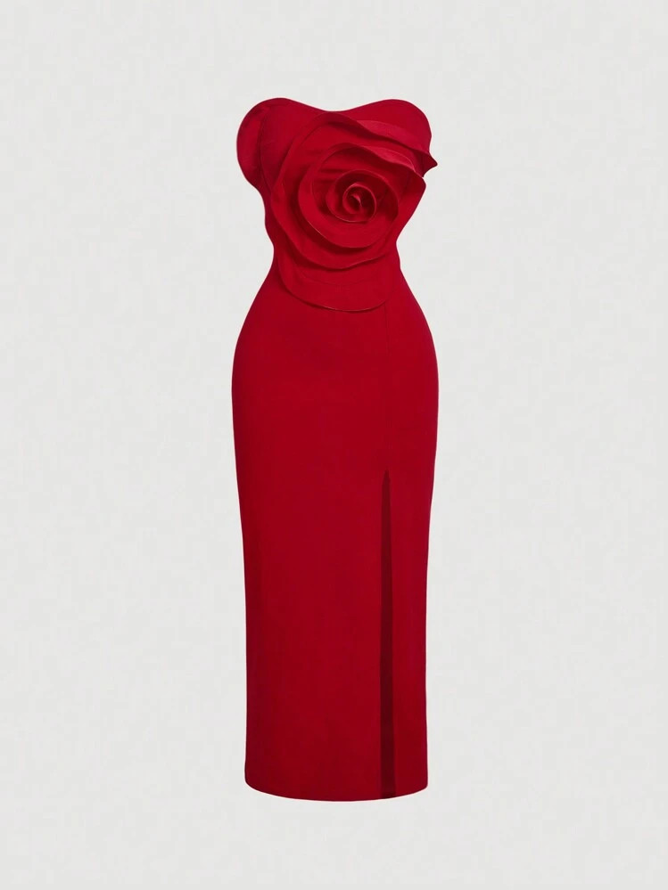 SHEIN MOD Women Ruffle Floral Print Red Strapless Bodycon Dress,Red Dress,Santa Dress, Party Wome... | SHEIN