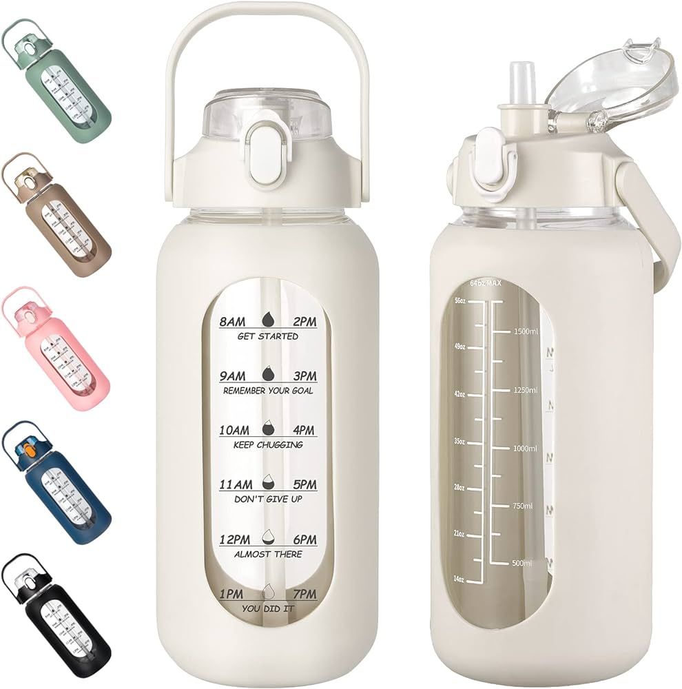 kytffu 42oz/56oz/64oz Glass Water Bottles with Straw, Motivational Glass Bottle with Silicone Sle... | Amazon (US)