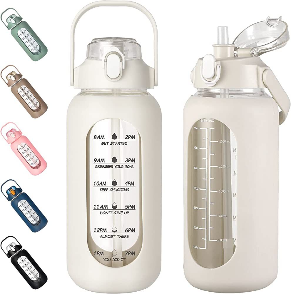 kytffu 42oz/56oz/64oz Glass Water Bottles with Straw, Motivational Glass Bottle with Silicone Sle... | Amazon (US)