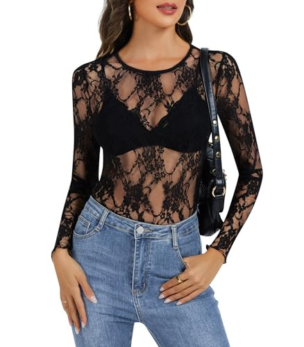Lace Tops for Women Long Sleeve Mesh Sheer Sexy Undershirt Crew Neck Floral See Through Shirts | Amazon (US)