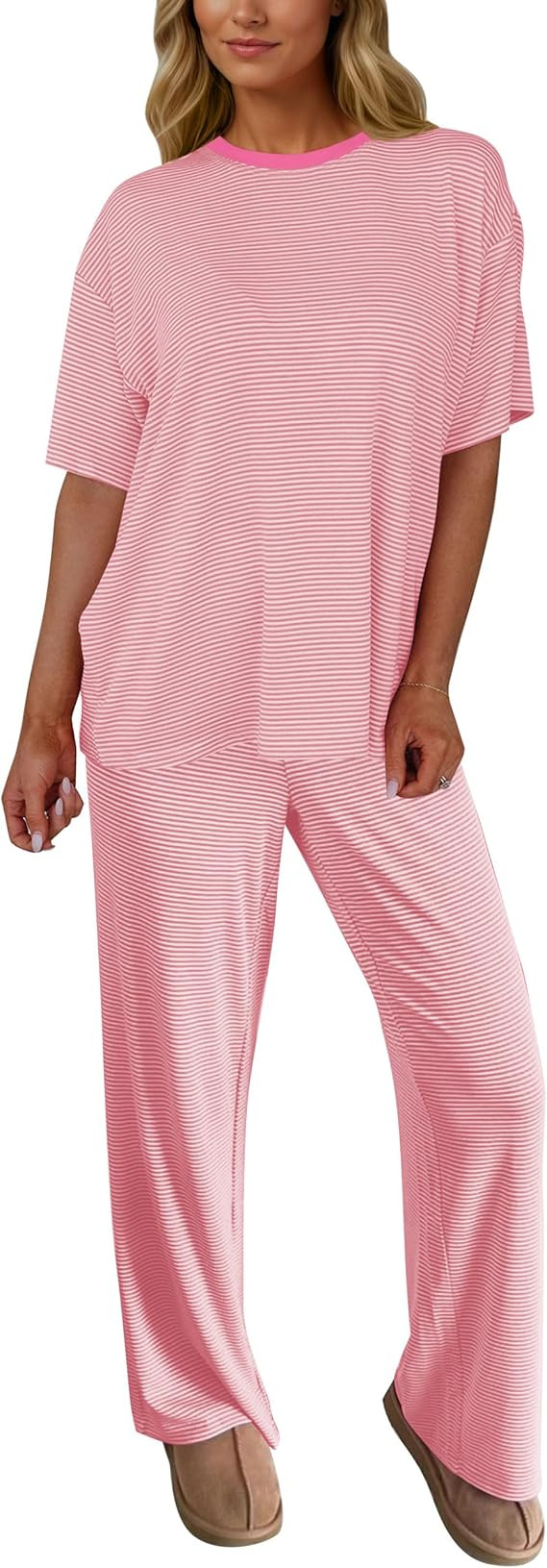 MISSACTIVER Women's 2 Piece Striped Lounge Set Short Sleeve T-Shirt Wide Leg Pants Summer Matchin... | Amazon (US)