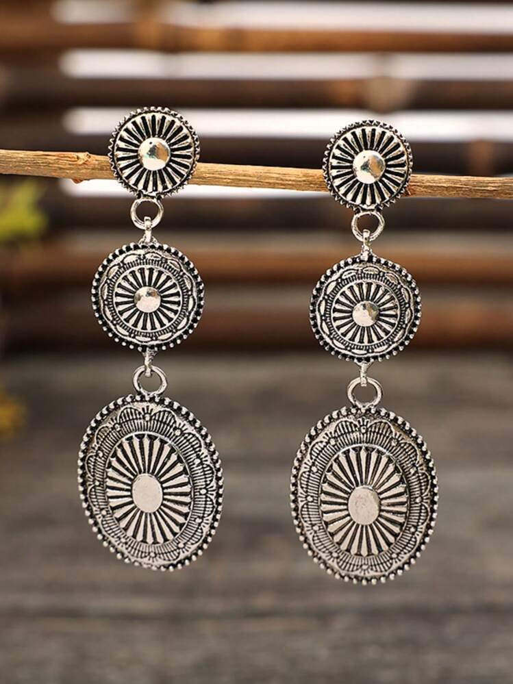 Vintage Bohemian Western Style Totem Carving Geometric Patchwork Metal Alloy Dangle Earrings (1pa... | SHEIN