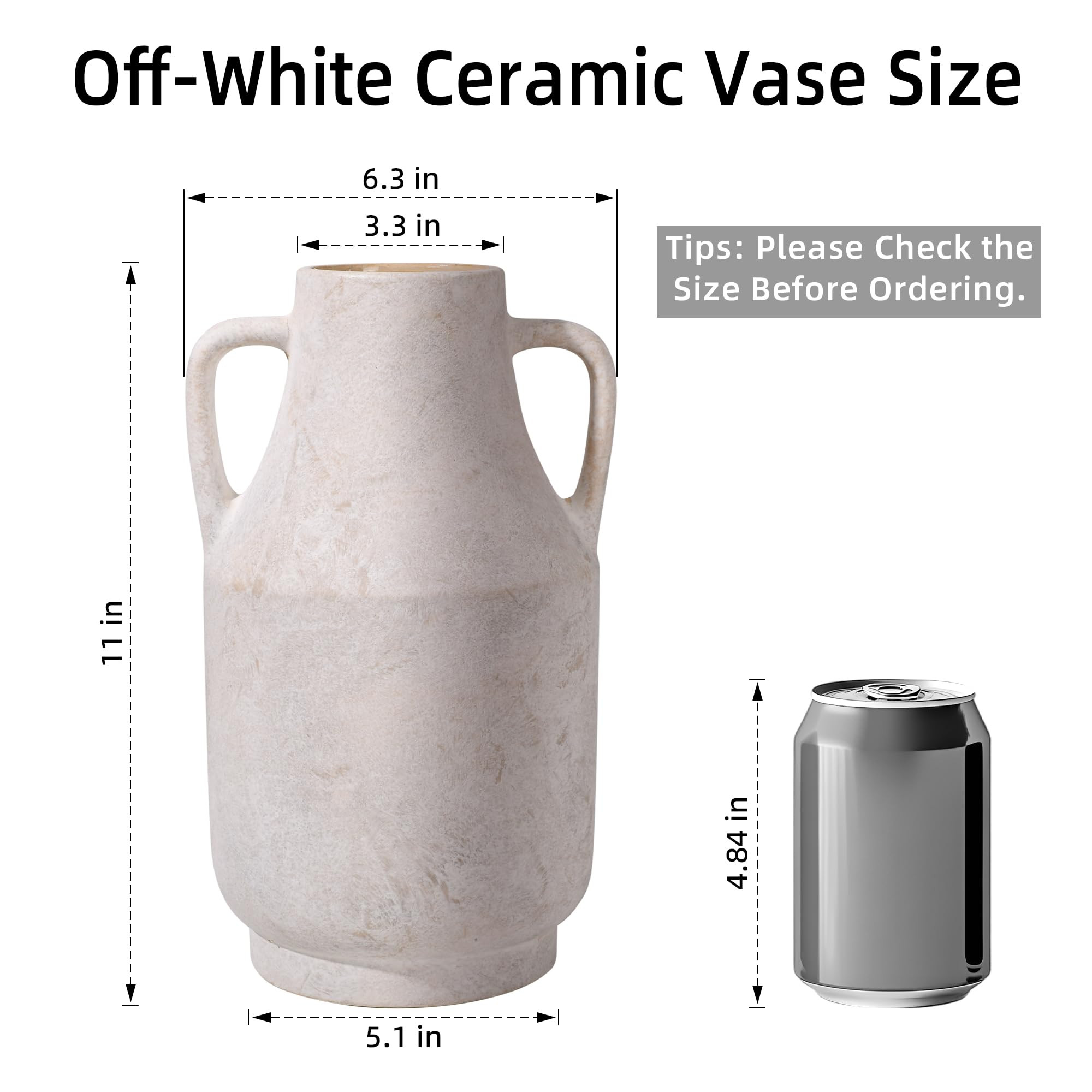 White Ceramic Flower Vase with Handles, 11 in Tall Rustic Farmhouse Pottery Vases Decorative Larg... | Amazon (US)