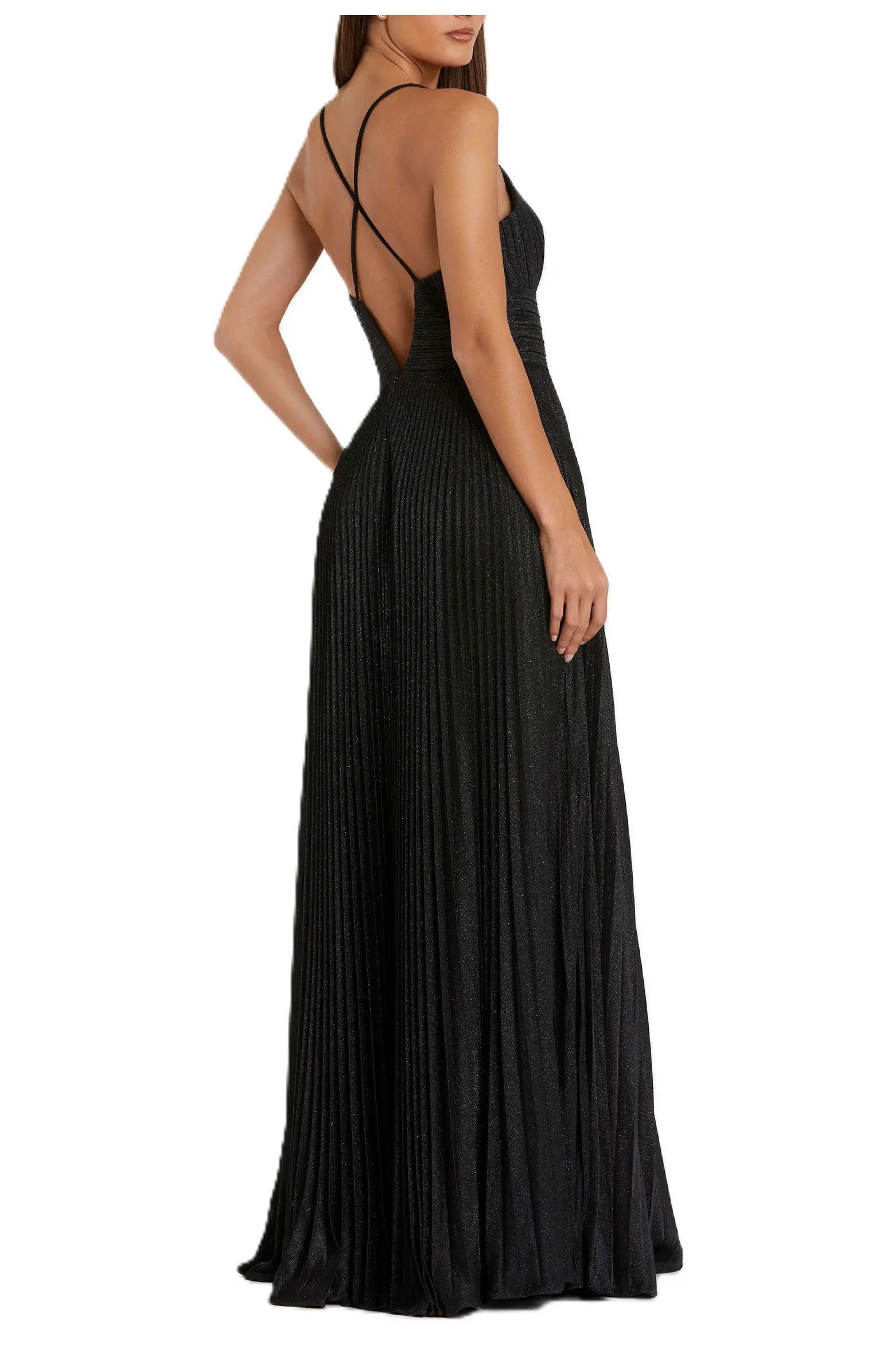 Shimmer Pleated Plunge Neck Criss Cross Back Gown | Nordstrom