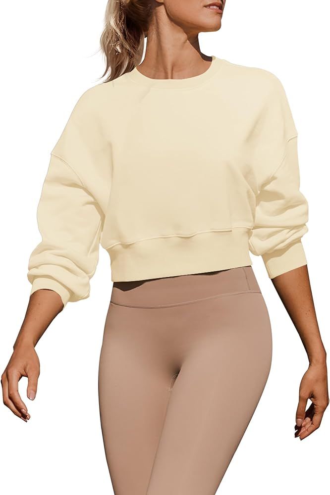 ZESICA Women's 2023 Crop Sweatshirts Casual Long Sleeve Crewneck Solid Color Y2K Fleece Loose Pul... | Amazon (US)