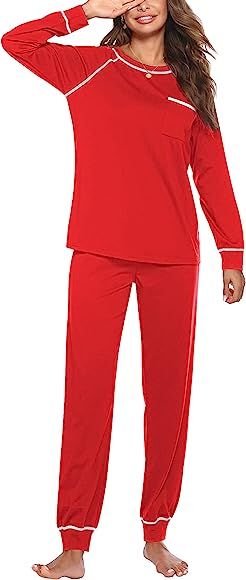 Ekouaer Women's Sleepwear Cotton Long Sleeve Pajamas Boyfriend Top 2 Piece Cotton PJ Set (Red,S) ... | Amazon (US)