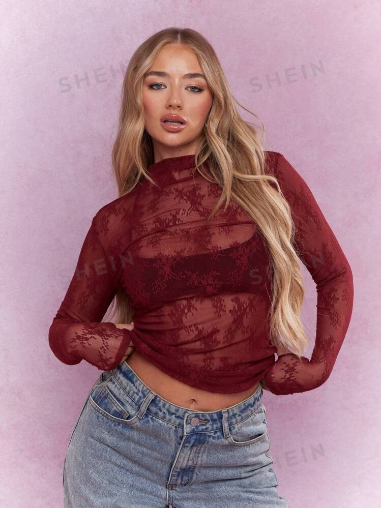 MISSGUIDED Sheer Lace Polo Neck Long Sleeves Top | SHEIN USA | SHEIN