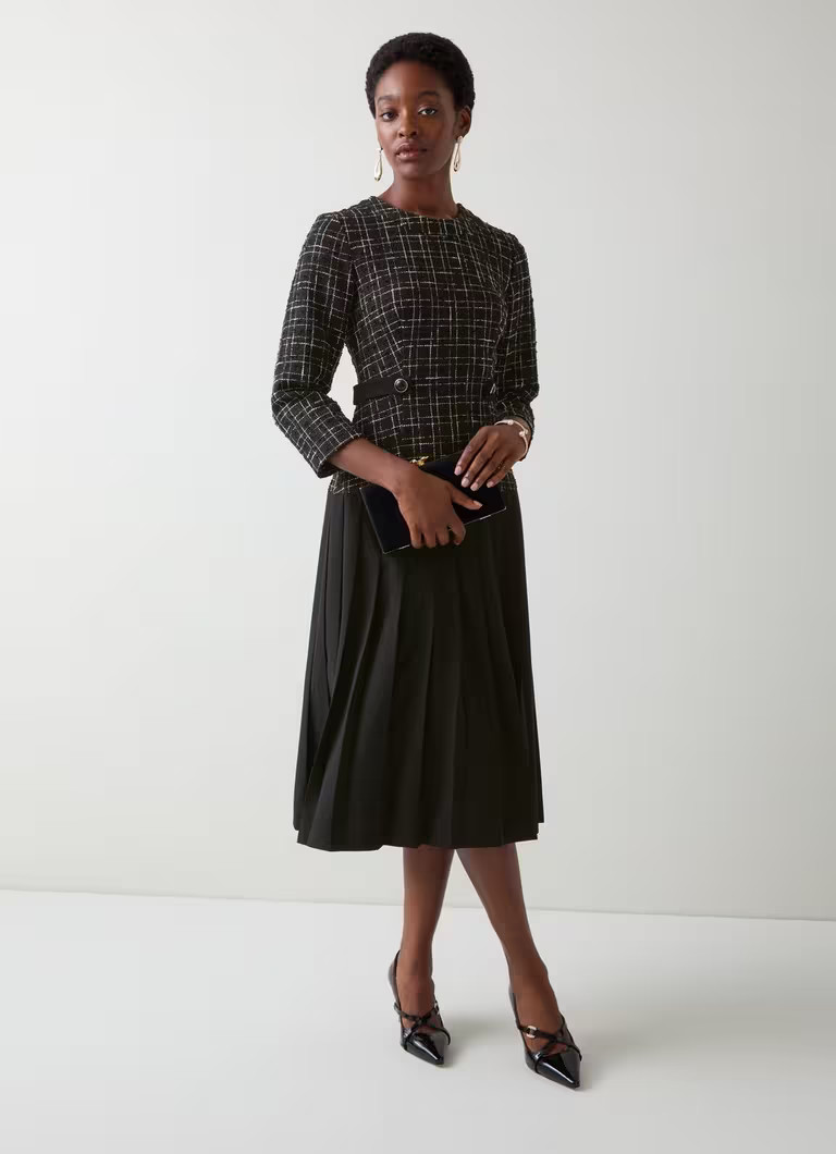 Maxine Black & Ivory Tweed Pleated Dress | L.K. Bennett (UK)