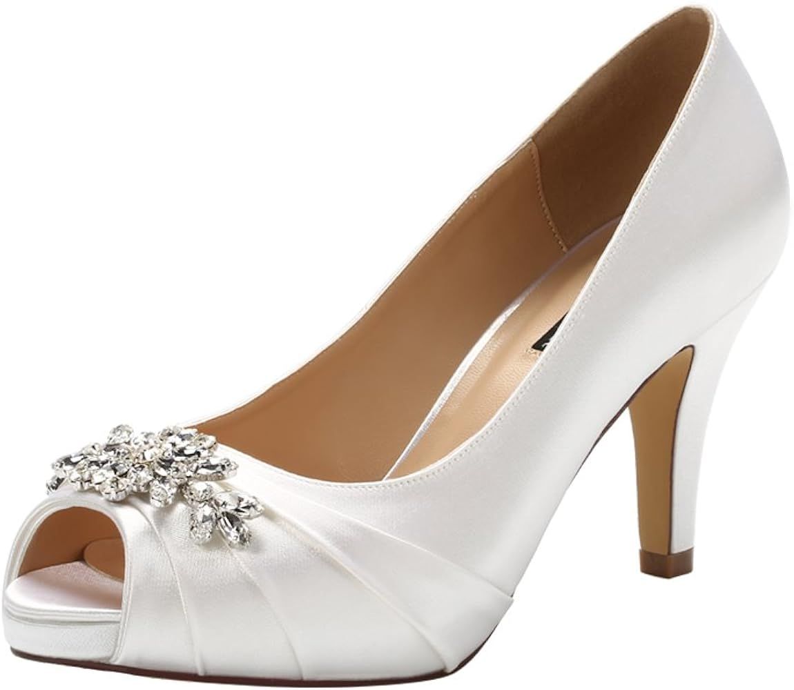 ERIJUNOR Peep Toe Mid Heels for Woman Rhinestones Satin Evening Prom Wedding Shoes | Amazon (US)