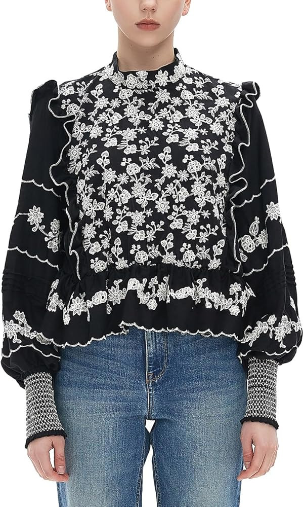 D-Sun Women's Embroidered Blouse Long Lantern Sleeve Shirt Mock Neck Elastic Waist Ruffle Blouse ... | Amazon (US)