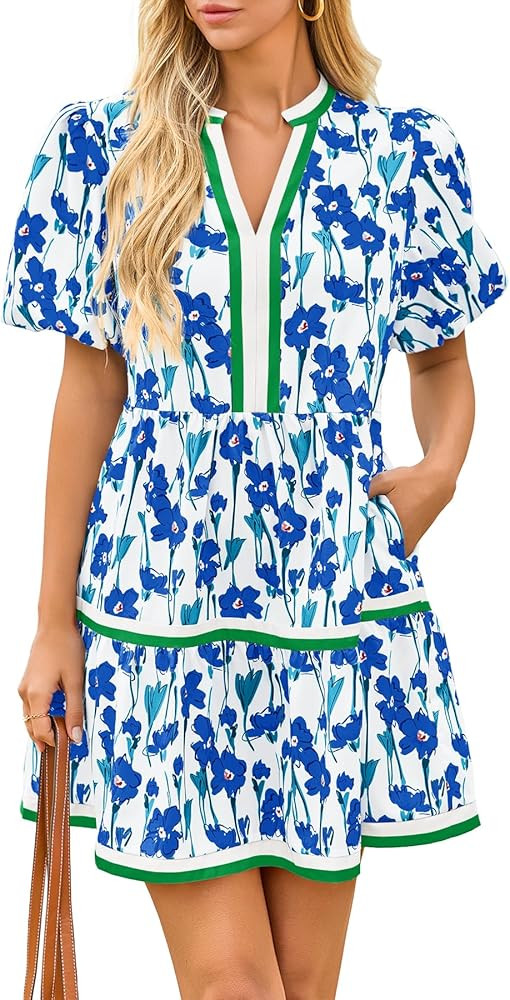 Cicy Bell Womens V Neck Floral Mini Dress Short Puff Sleeve Patchwork Summer Casual Boho Dresses | Amazon (US)