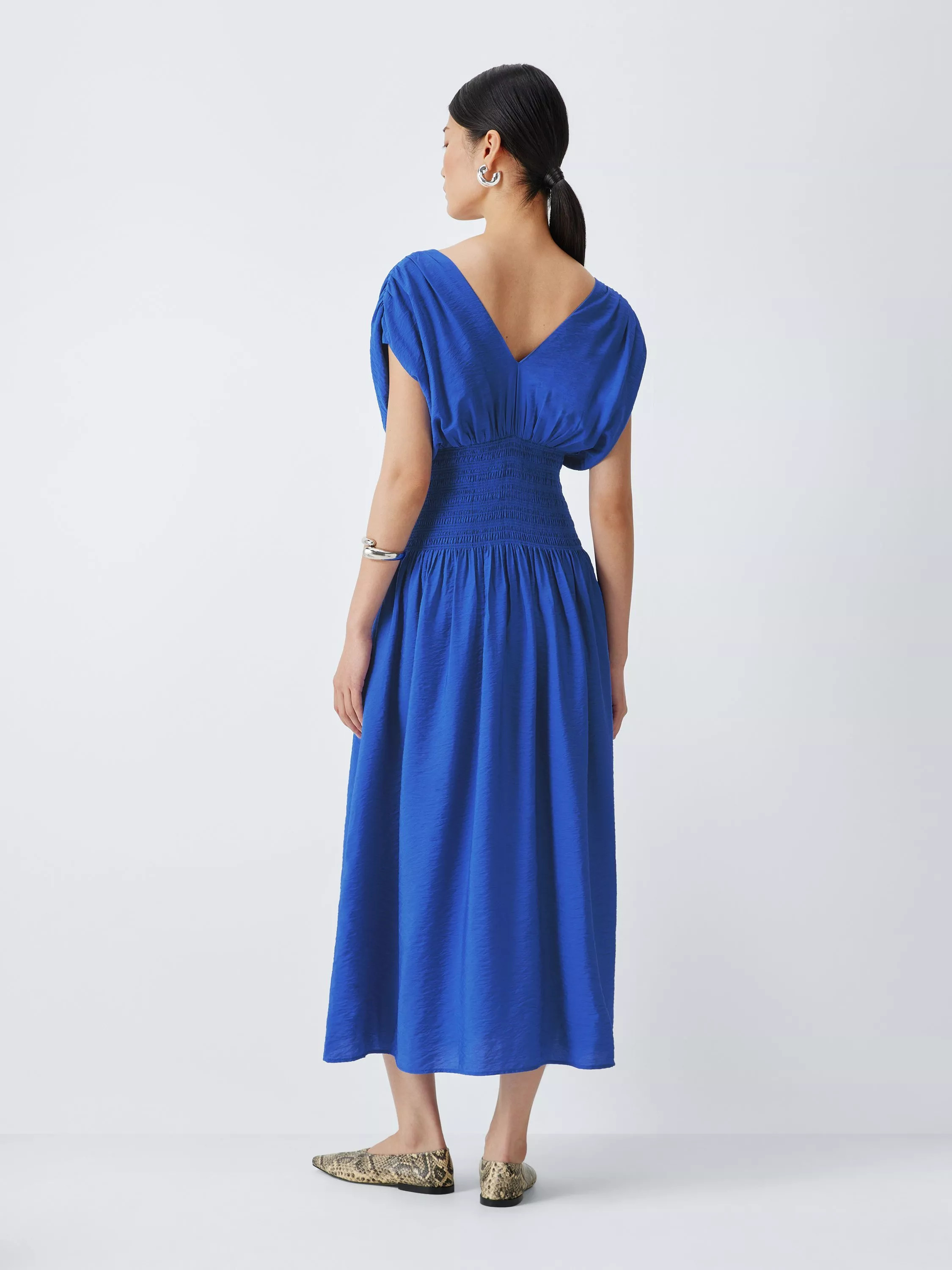 John Lewis Shirred Waist V-Neck Cap Sleeve Midi Dress, Baja Blue | John Lewis (UK)