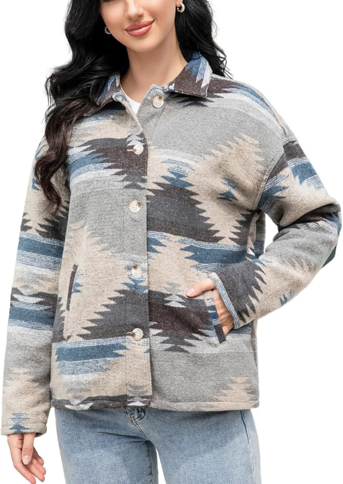 FindThy Women’s Aztec Print Jacket Retro Lapel Button Pocketed Tribal Shirt Jackets Shacket | Amazon (US)