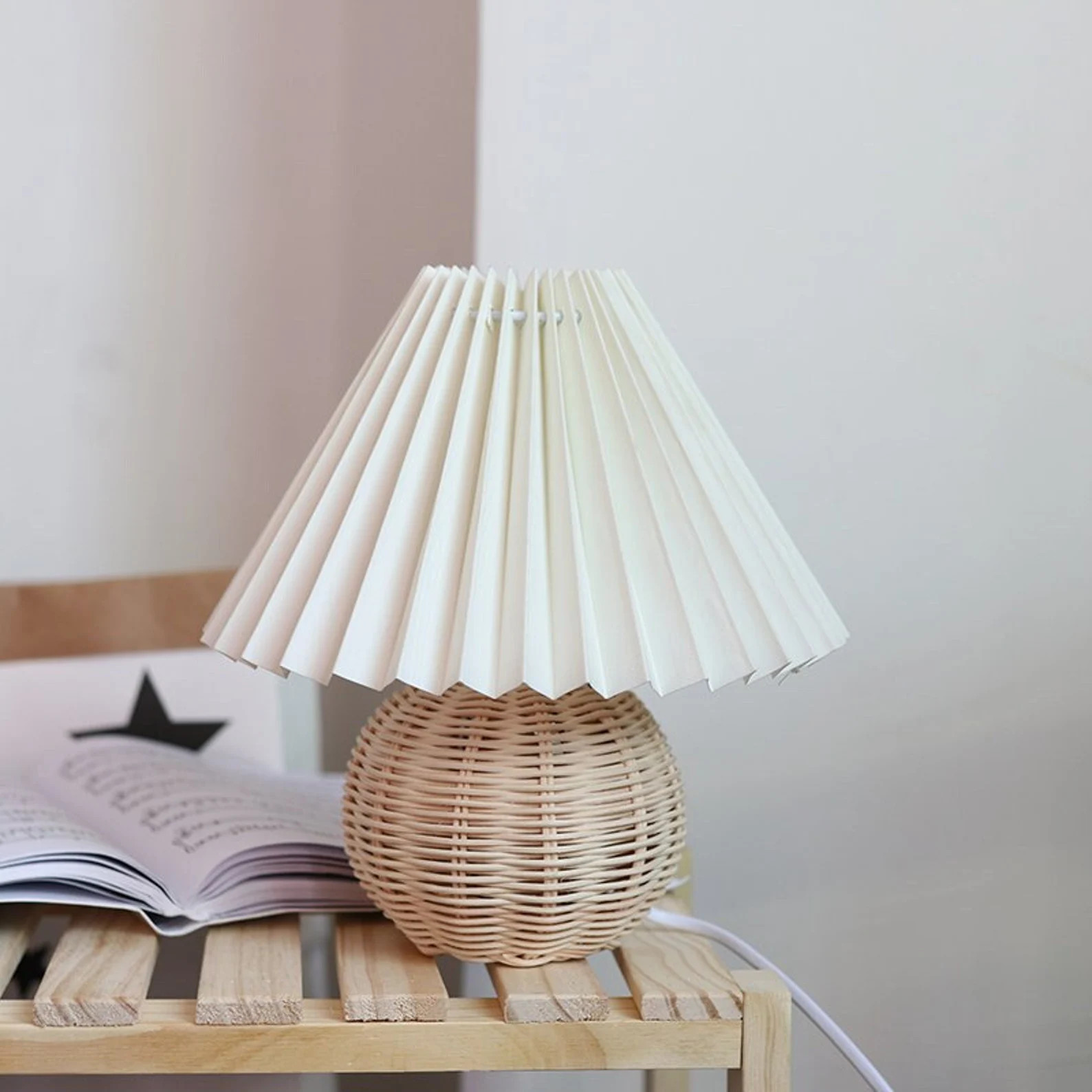 Read the full title
    Handmade Rattan Bedside Lamp, Pleated Shade, Wicker Table Lamp, Pleated L... | Etsy (US)