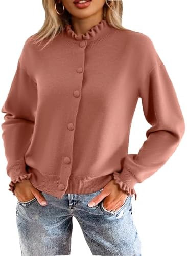 Simplee Short Knit Fall Cardigan Sweaters Cute Ruffle Mock Neck Long Sleeve Button Down Open Fron... | Amazon (US)