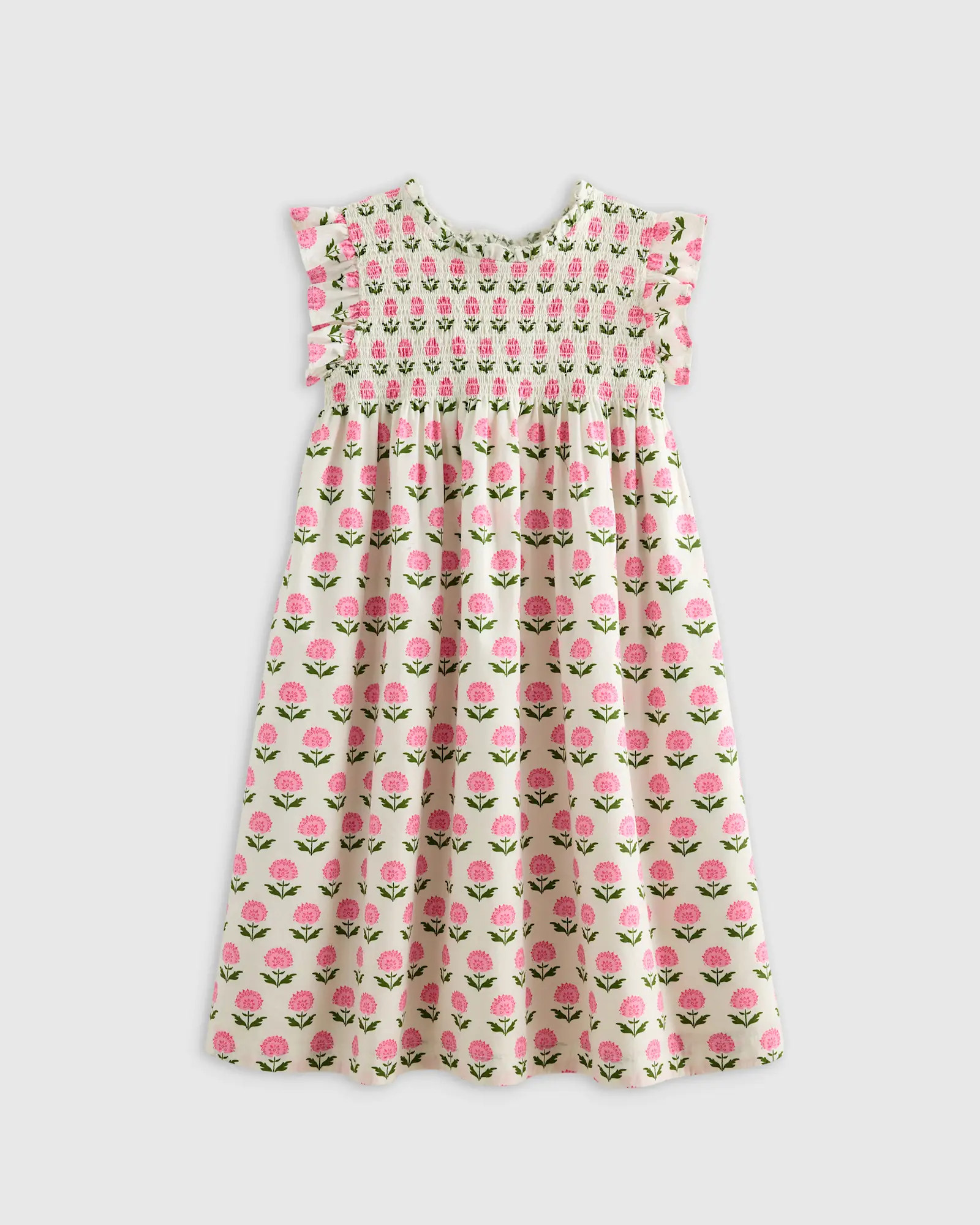 100% Organic Cotton Poplin Smocked Flutter Sleeve Dress in Pink Woodblock Floral | Quince