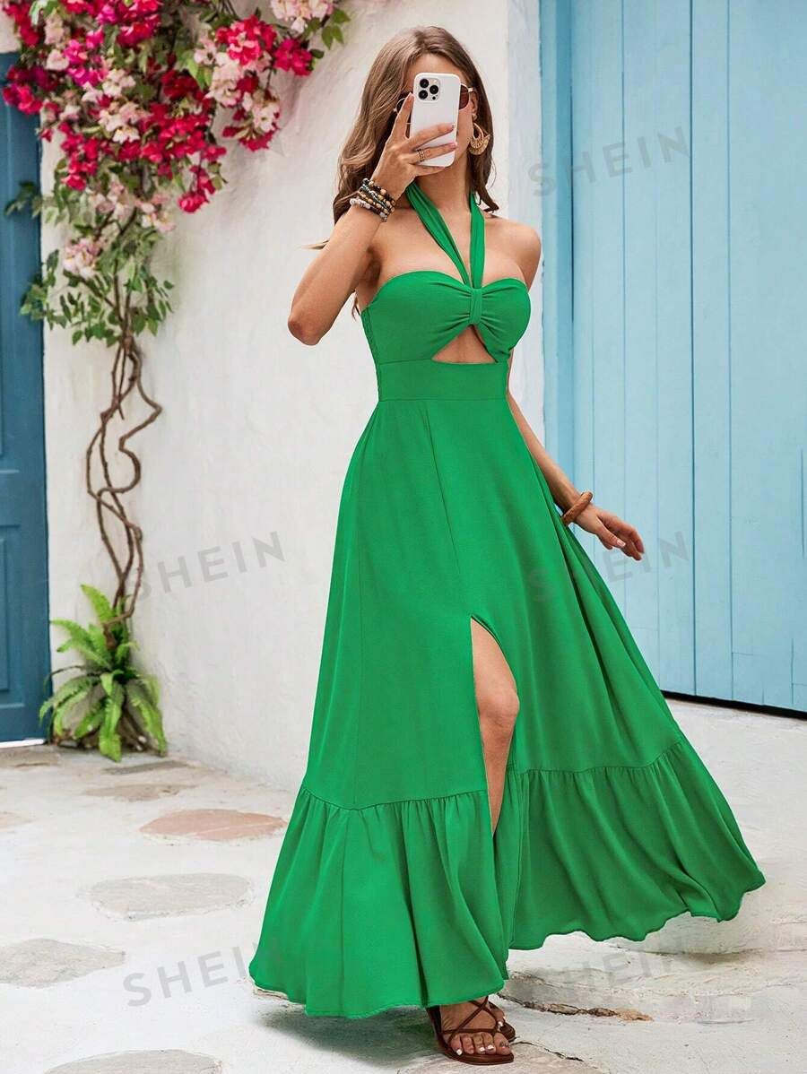 SHEIN VCAY Vacation Style Ruffle Hem Halter Neck Long Dress | SHEIN