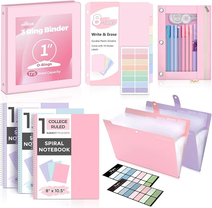 SKYDUE Pink School Supplies Set \u2013 1" 3-Ring Binder, 2 Expanding File Folders, 3 Spiral Noteb... | Amazon (US)