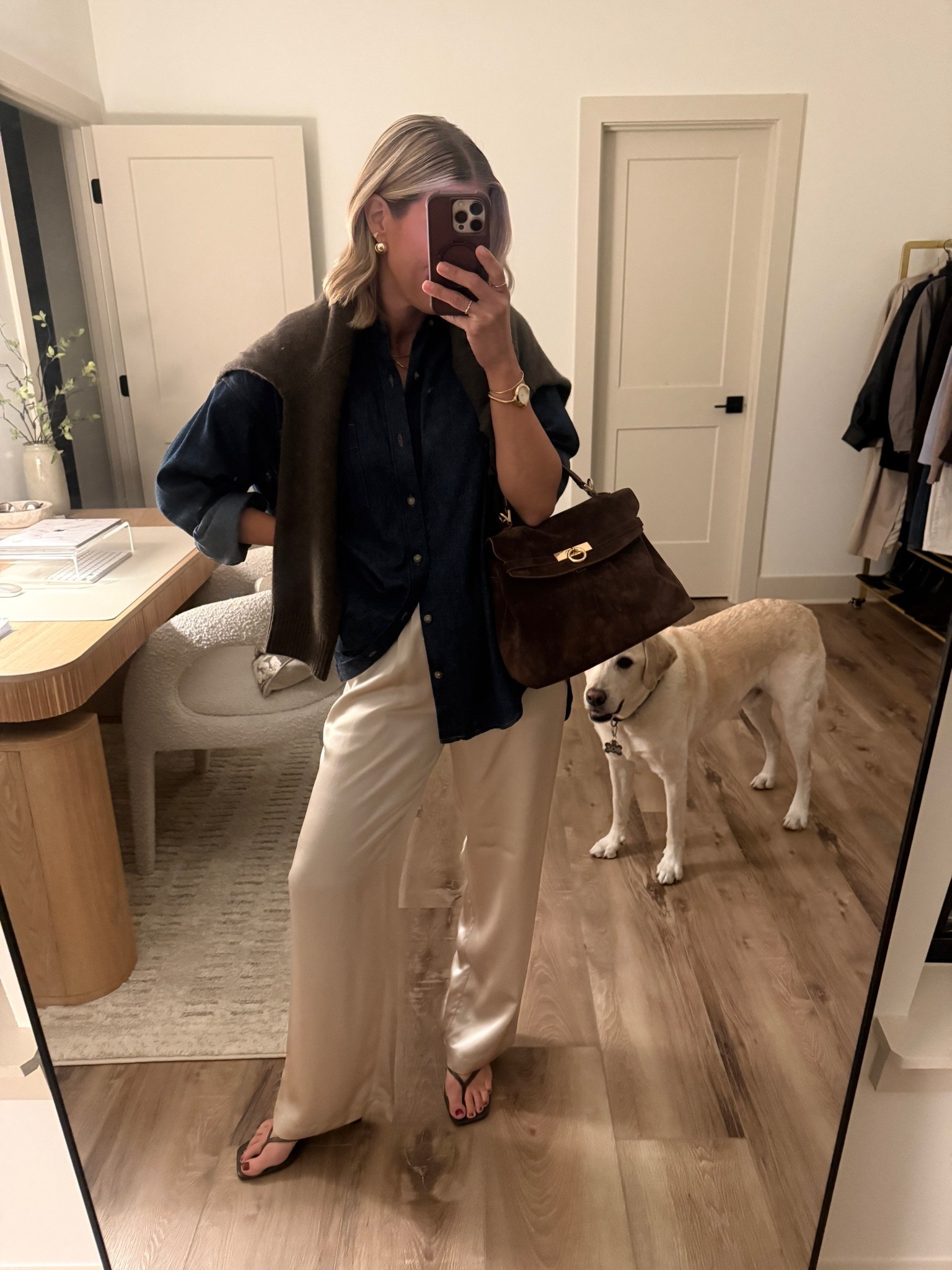 Wearing small silk pants, xs denim shirt, small sweater, sandals tts

#LTKootd #LTKSeasonal #LTKOver40
