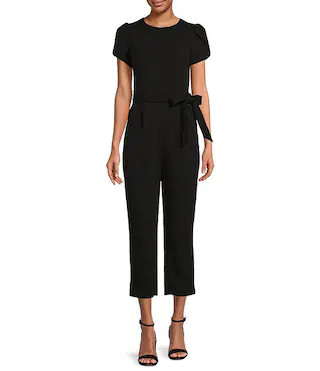 Short Sleeve Crew Neck Tie Waist Scuba Crepe Jumpsuit | Dillard's