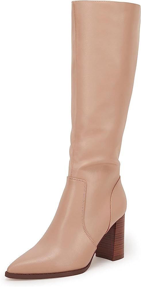 Coutgo Women’s Knee High Boots Chunky Block Heel Pointed Toes Full Side Zipper Boots | Amazon (US)