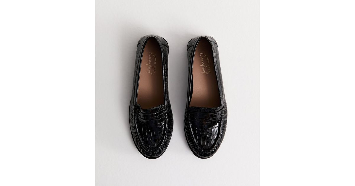 Black Faux Leather Croc Embossed Penny Loafers | New Look | New Look (UK)