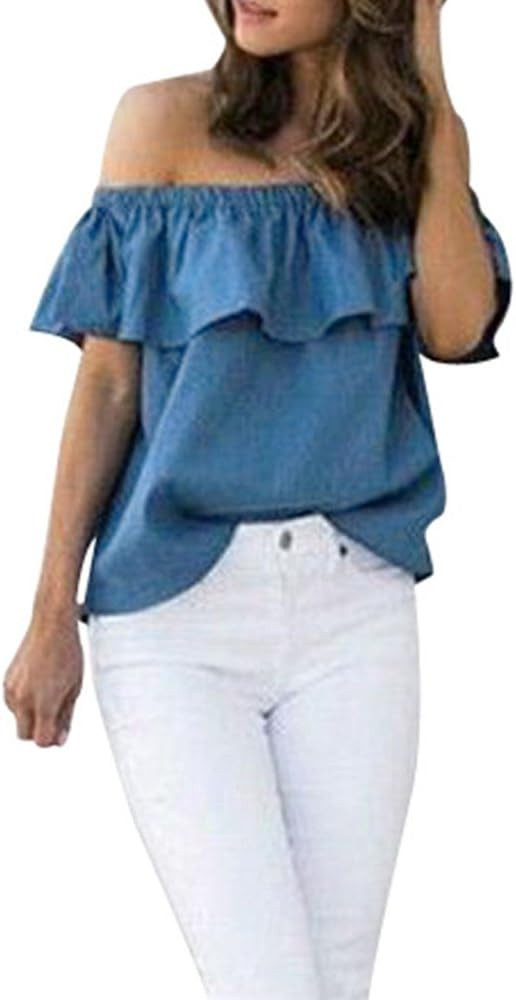 Clearance Women Shirts Short Sleeve Casual Off Shoulder Ruffles Summer Tunic T-Shirt Blouse Tops ... | Amazon (US)