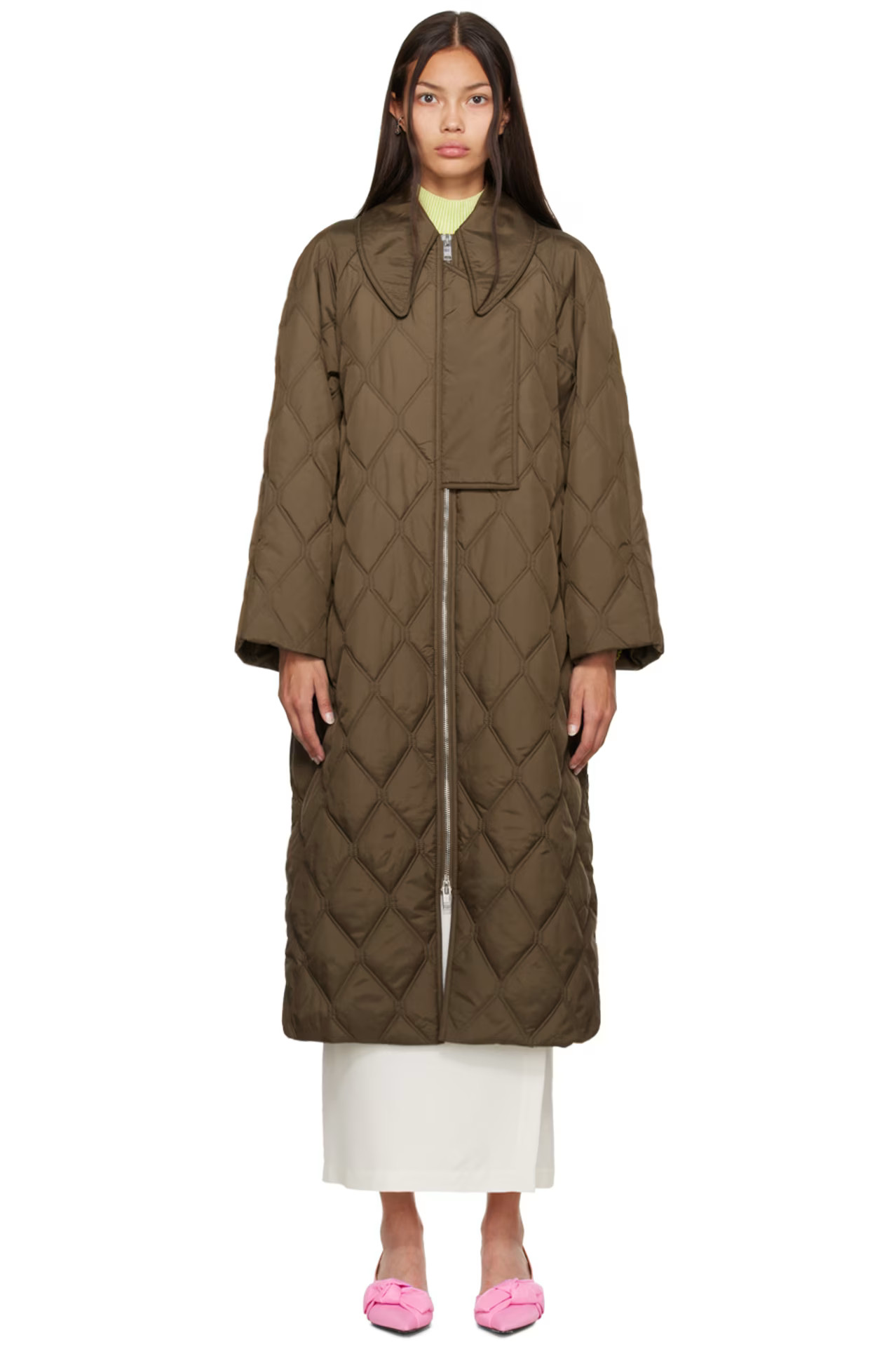 GANNI - Brown Quilted Coat | SSENSE