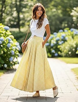 Mansy Women's Plaid Gingham Maxi Skirt High Waist A Line Pleated Flared Summer Casual Swing Long ... | Amazon (US)
