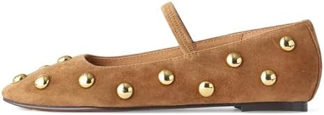 Studded Flats for Women Suqare Toe Slip on Suede Ballet Flats Comfortable Walking Studs Ballet Sh... | Amazon (US)