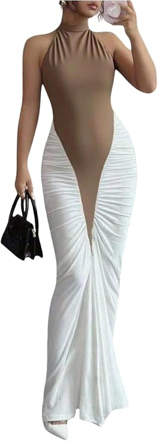 GORGLITTER Women's Halter Maxi Dress Ruched Bodycon Formal Birthday Evening Elegant Wedding Guest... | Amazon (US)