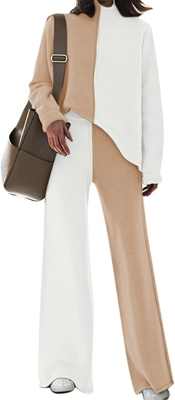 Linsery Women 2 Piece Sweater Sets High Neck Knitted Pullover Wide Leg Casual Sweatsuit | Amazon (US)