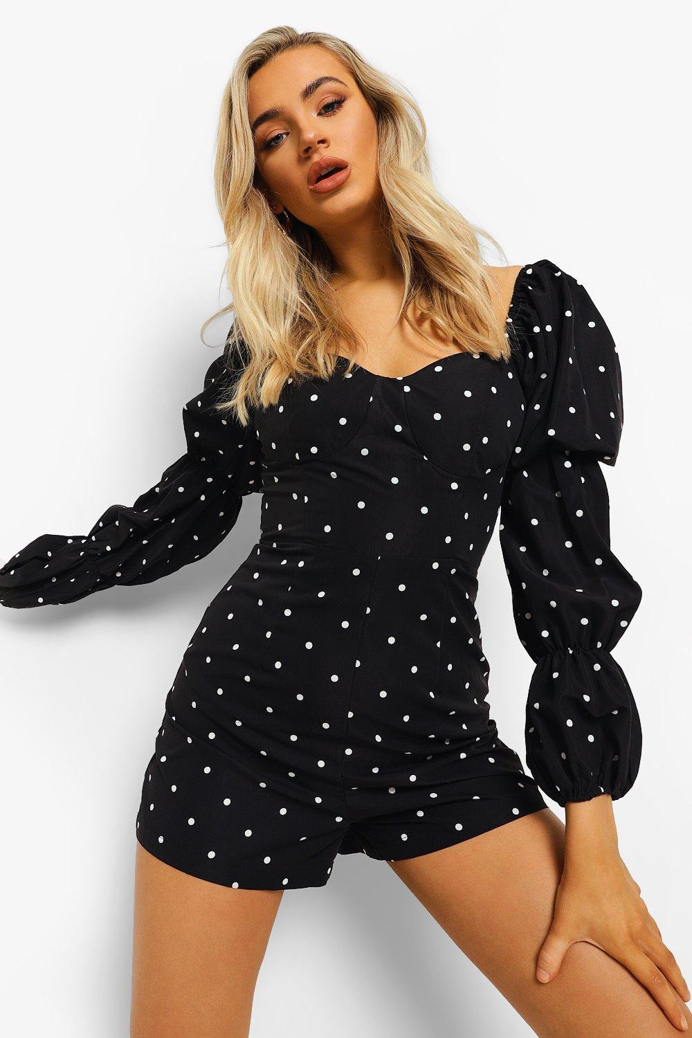 Polka Dot Puff Sleeve Playsuit | Boohoo.com (UK & IE)