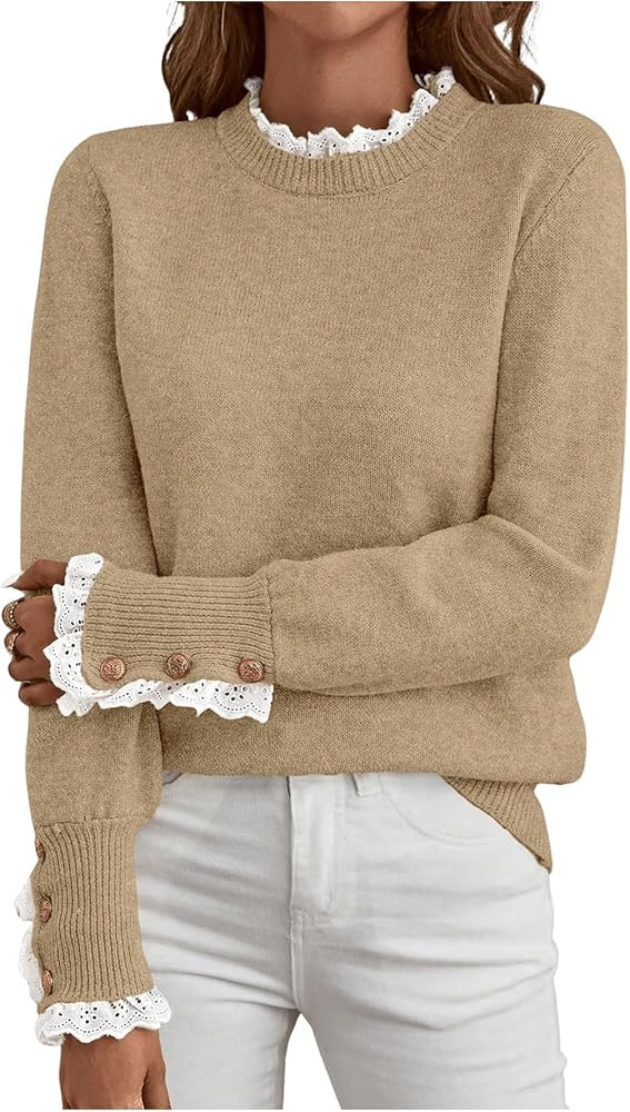 MakeMeChic Women's Fall Sweaters Lace Peplum Mock Neck Cozy Sweater Pullover | Amazon (US)