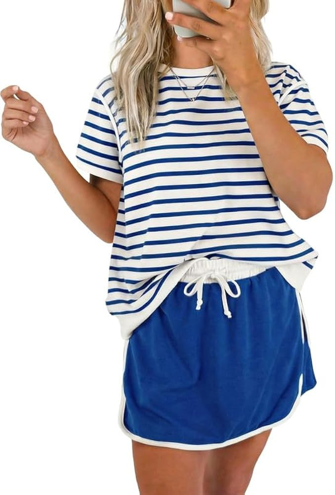 Marvmys Women's Skort Sets 2 Piece Outfits Color Block Short Sleeve T-shirt Skorts Matching Loung... | Amazon (US)