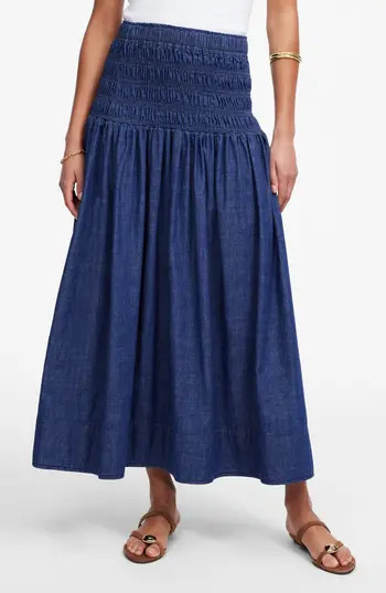 Madewell Smocked Denim Midi Skirt in Rinse Wash at Nordstrom Rack, Size X-Large | Nordstrom Rack