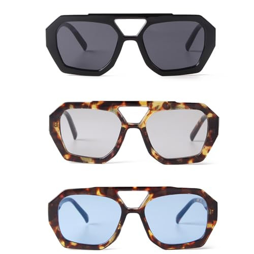 DQbhzh Trendy Square Aviator Sunglasses 3 Pack - Retro Hexagon Thick Plastic Frame Unisex UV400 Protection Double Bridge Designer-Inspired Sun Glasses (Black,Tortoise Gray,Tortoise shell Blue Lens) | Amazon (US)