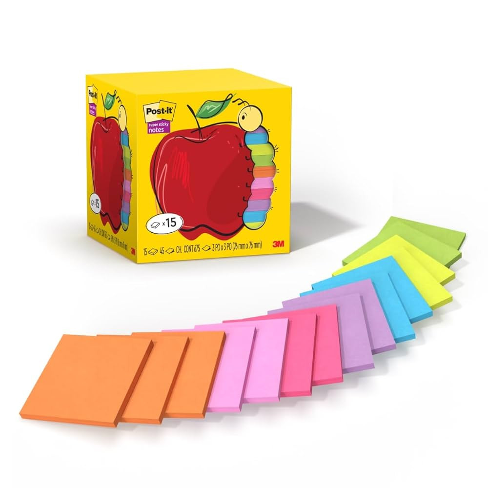 Post-it Super Sticky Notes, Assorted Bright Colors, 3x3 in, 15 Pads/Pack, 45 Sheets/Pad, 2X The S... | Amazon (US)