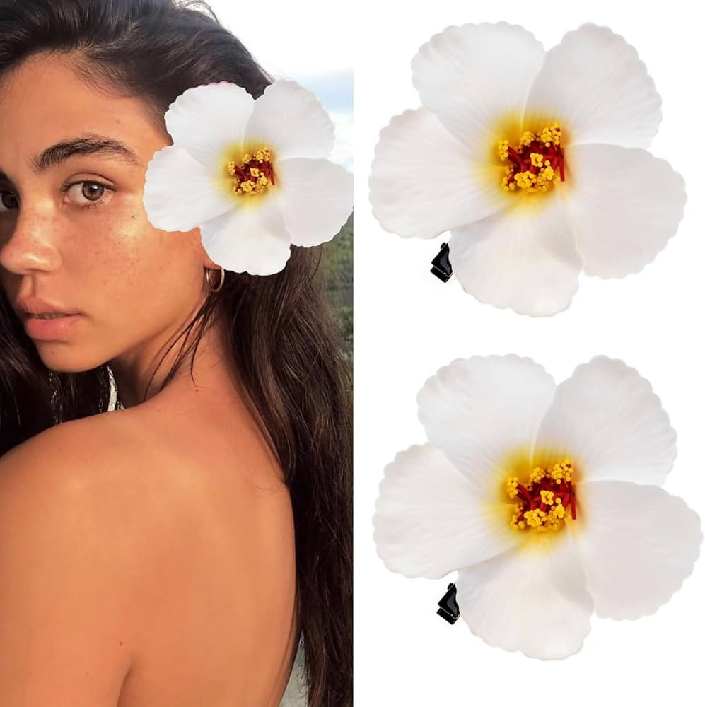 2pc Hawaiian Plumeria Hair Clips Delicate Dew Galsang Flower Barrettes for Beach Party(White) | Amazon (US)