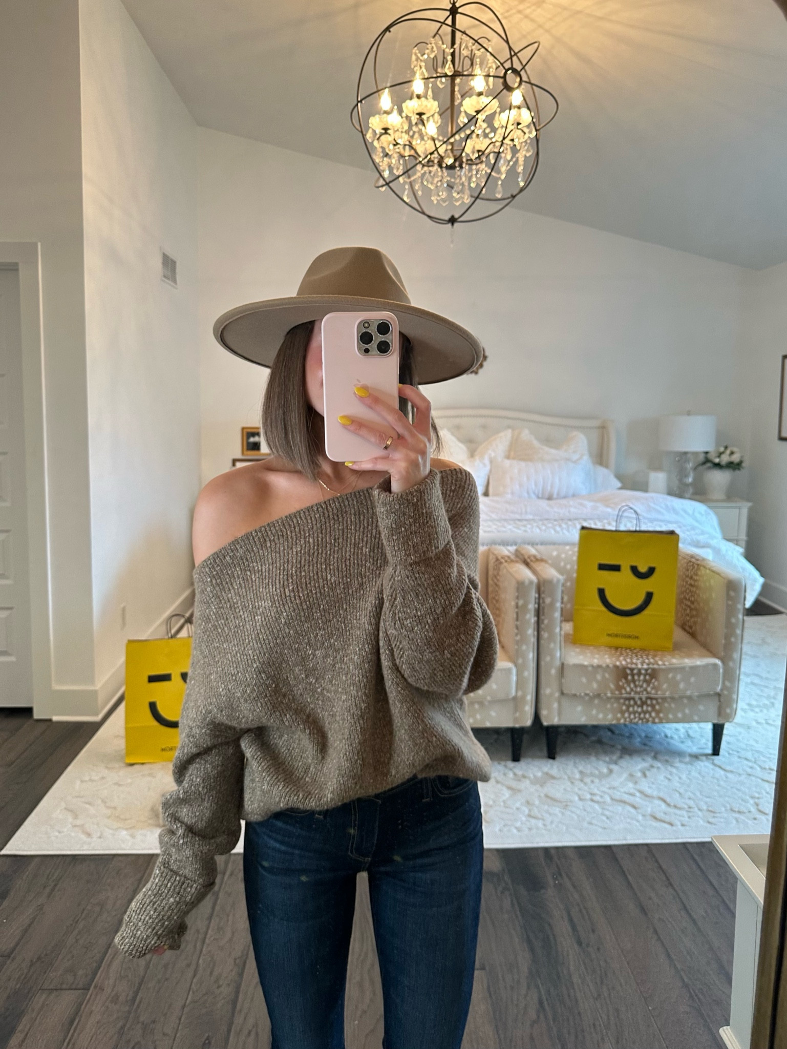 treasure & bond felt hat 
treasure & bond sweater (sized up from xs to med)
ag bootcut jeans (sized up one to 25)