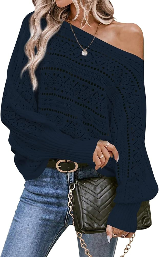 Cakulo Womens Off Shoulder Sweater Top Fall Outfits Fashion 2025 Oversized Knit Batwing Long Slee... | Amazon (US)