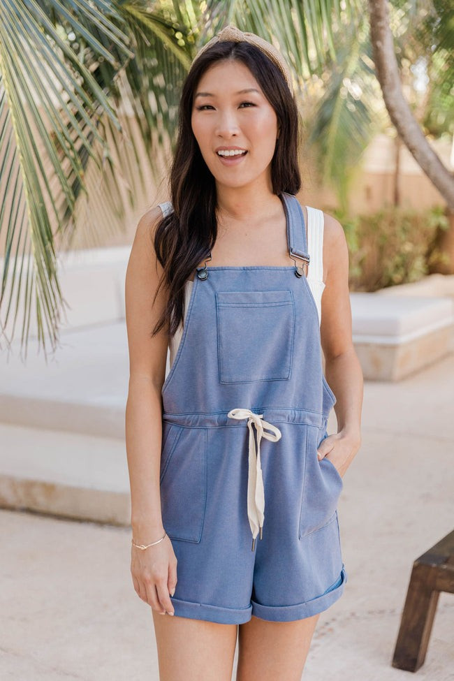 Stroll Through Town Navy Drawstring Short Overalls | The Pink Lily Boutique