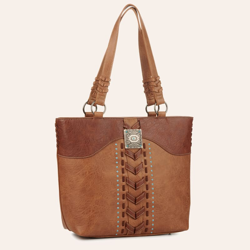 Justin Pecan & Caramel Genuine Leather Chevron Stitch Etched Square Concho Tote Bag | Cavender's