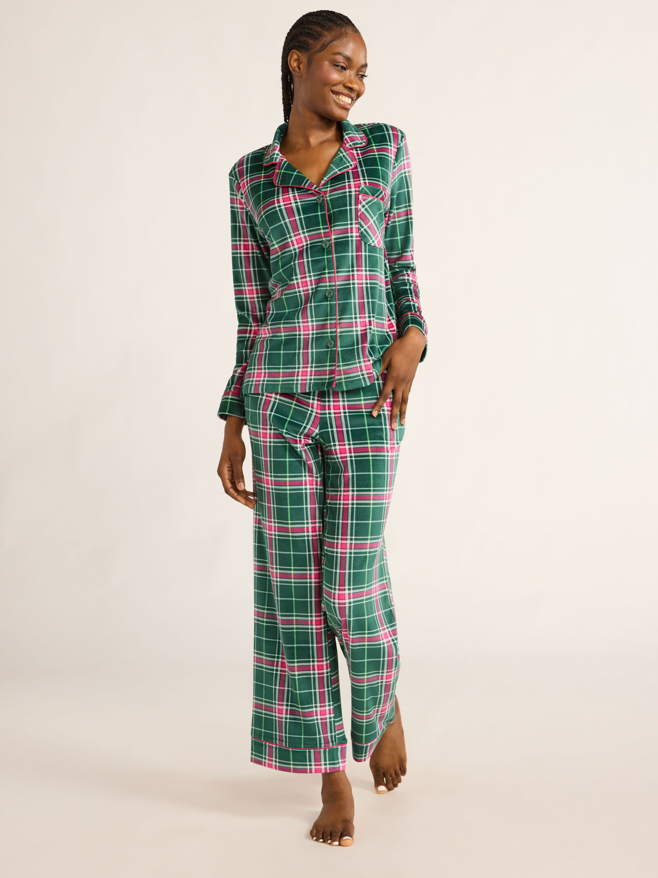 Joyspun Women's Plaid Notch Collar Top and Pants Pajama Set, 2-Piece, Sizes S-3X | Walmart (US)