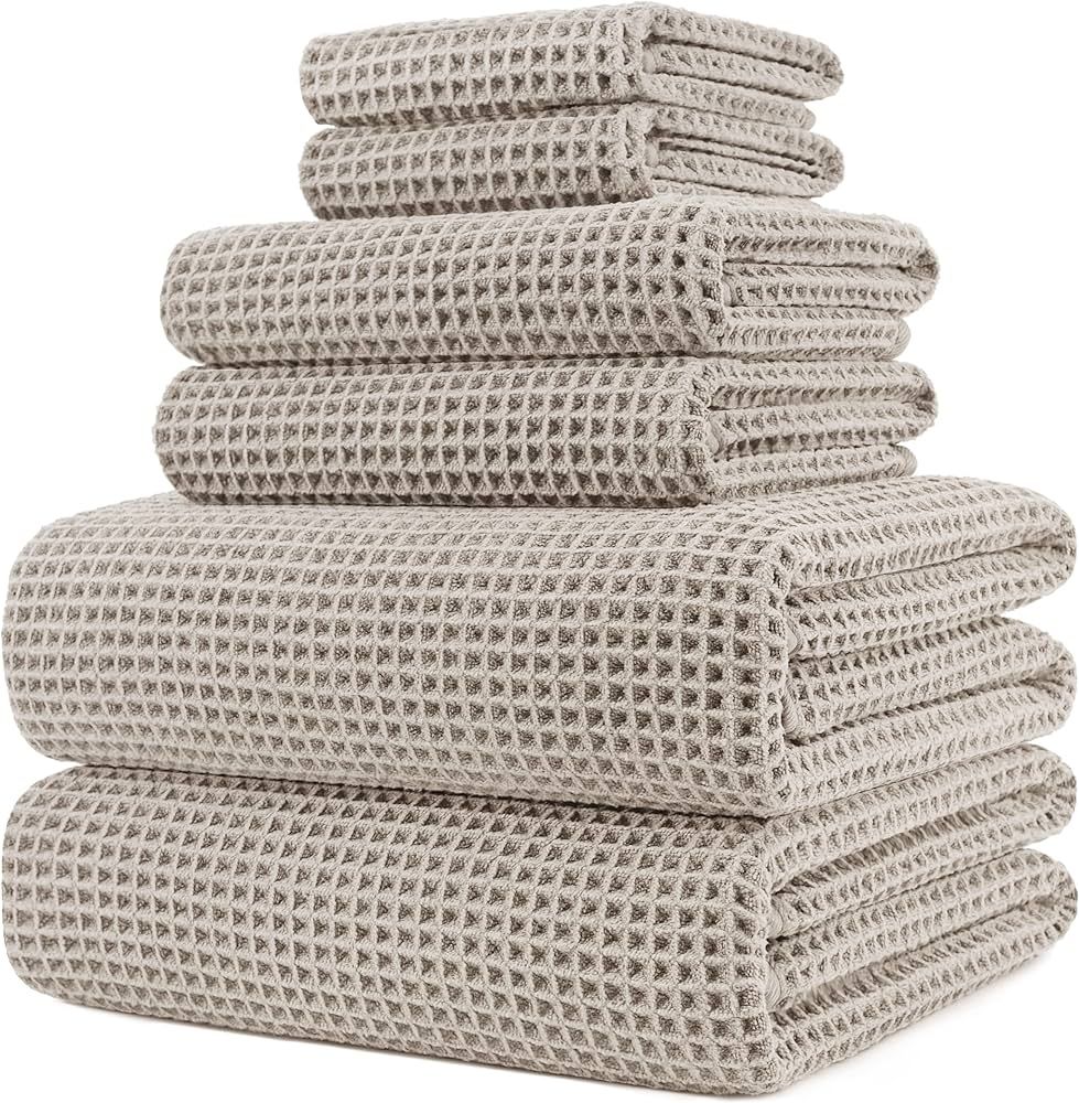 POLYTE Oversize, 60 x 30 in., Quick Dry Lint Free Microfiber Bath Towel Set, 6 Piece (Beige, Waff... | Amazon (US)