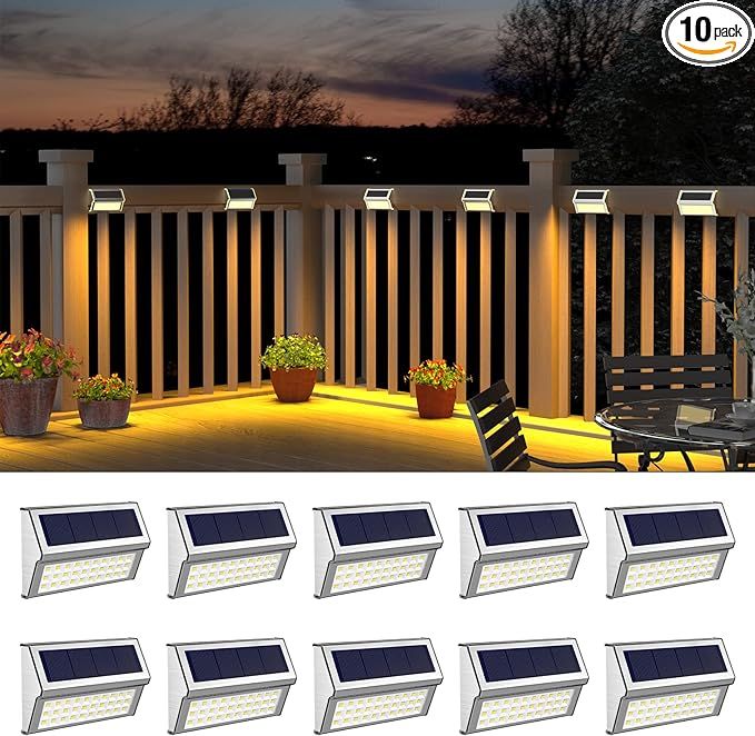 ROSHWEY Deck Lights, 10 Pack 30 LED Fence Lights Solar Powered Outdoor Waterproof, Stainless Stee... | Amazon (US)