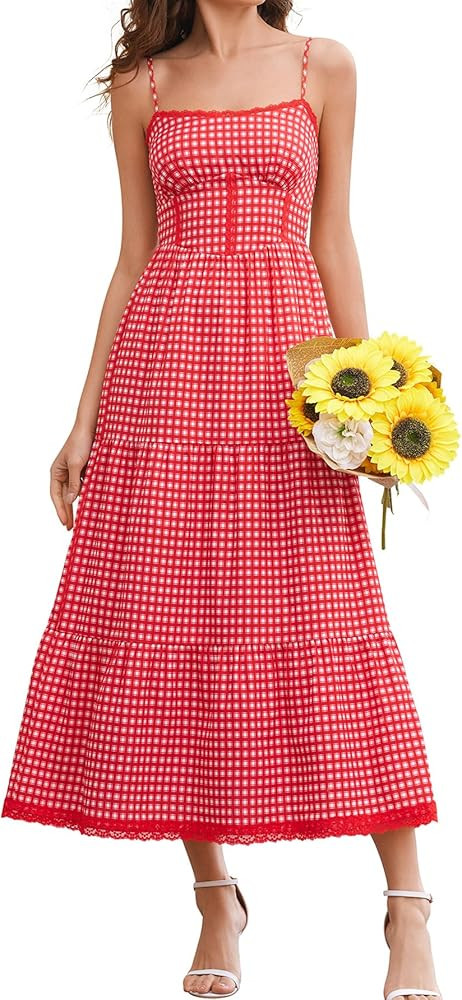 Auraxe Women's Summer Gingham Corset Flowy Wedding Guest Maxi Dress Casual Smocked Sleeveless Bea... | Amazon (US)